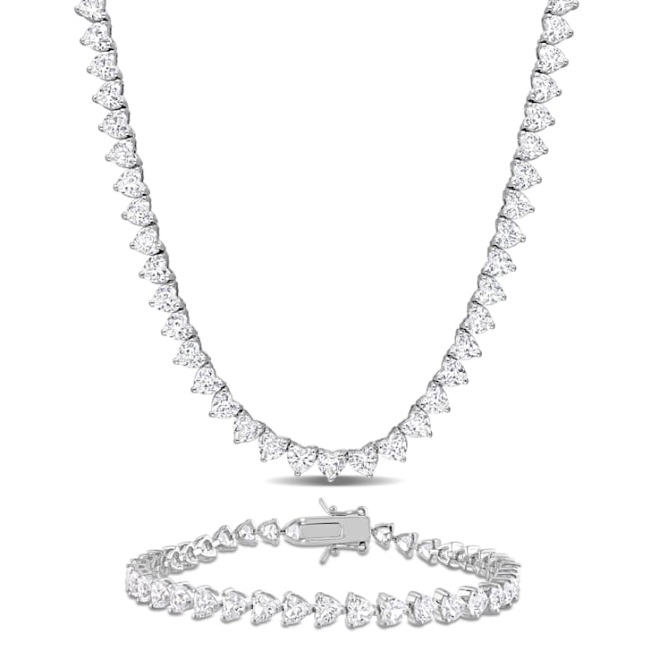 Created White Sapphire Sterling Silver Tennis Necklace and Bracelet 41.20ctw