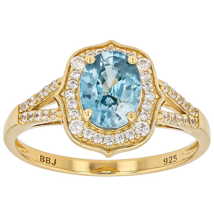 Blue Zircon And White Zircon Oval Ring In 18K Gold Over Sterling Silver 2.23ctw