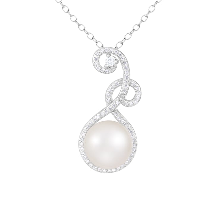 9-10mm Button White Cultured Freshwater Pearl and CZ Rhodium Over
Sterling Silver Pendant