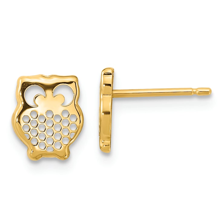 14k Yellow Gold Textured Owl Stud Earrings