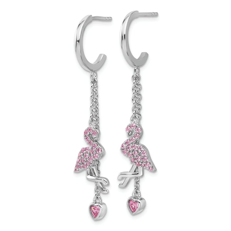 Rhodium Over Sterling Silver Pink Cubic Zirconia Flamingo Heart Post
Hoop Earrings