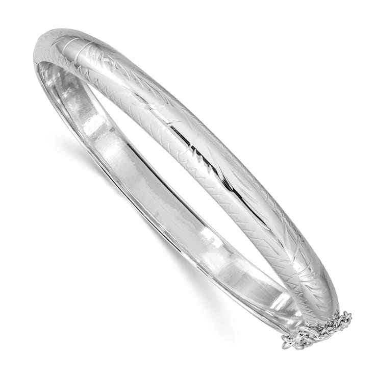 Rhodium Over Sterling Silver 7mm Fancy Hinged Bangle Bracelet