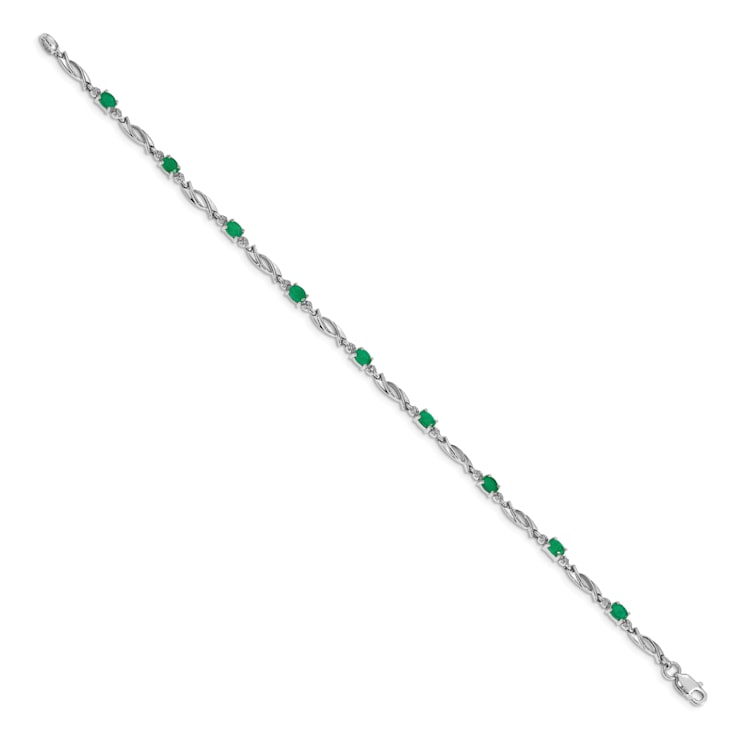 Rhodium Over 14k White Gold Diamond and Emerald Bracelet