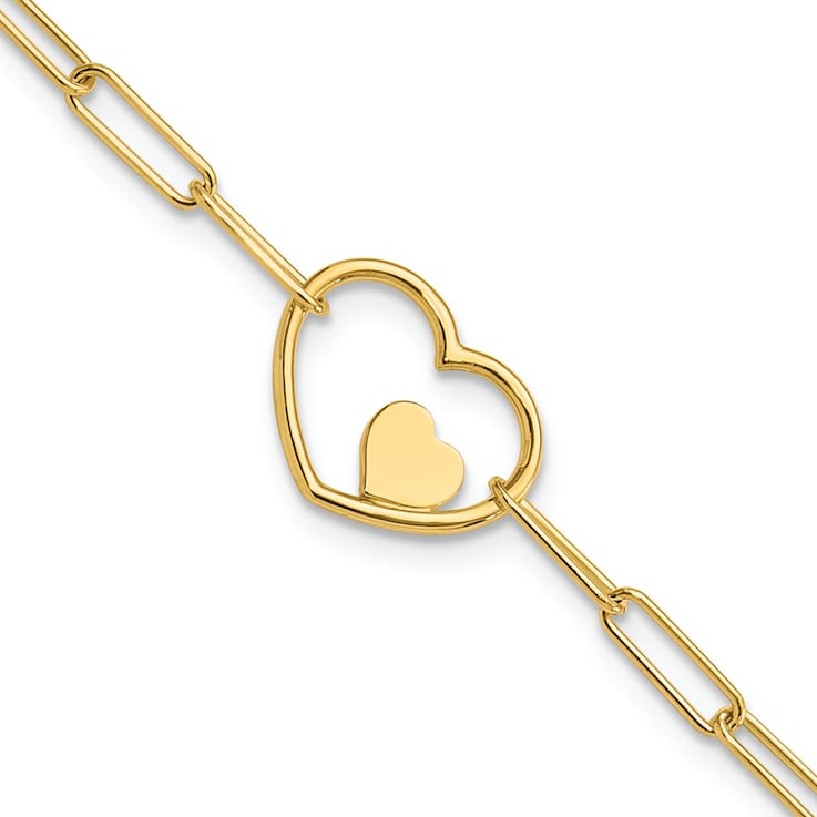 14K Yellow Gold Paperclip Link Heart 7.25-inch Bracelet