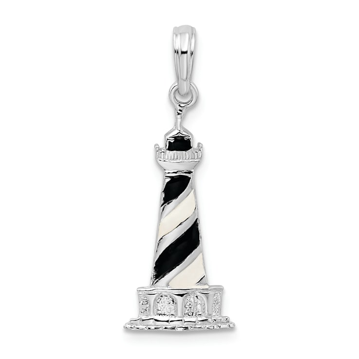 Rhodium Over Sterling Silver Enameled Cape Hatteras Lighthouse Pendant