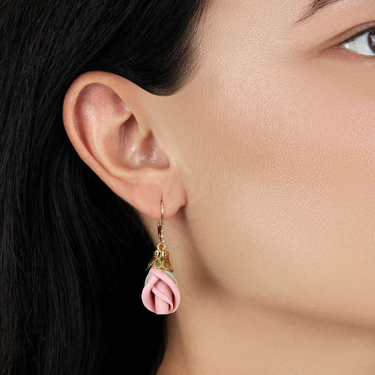 Gold Tone Pink Porcelain Rose Bud Leverback Earrings