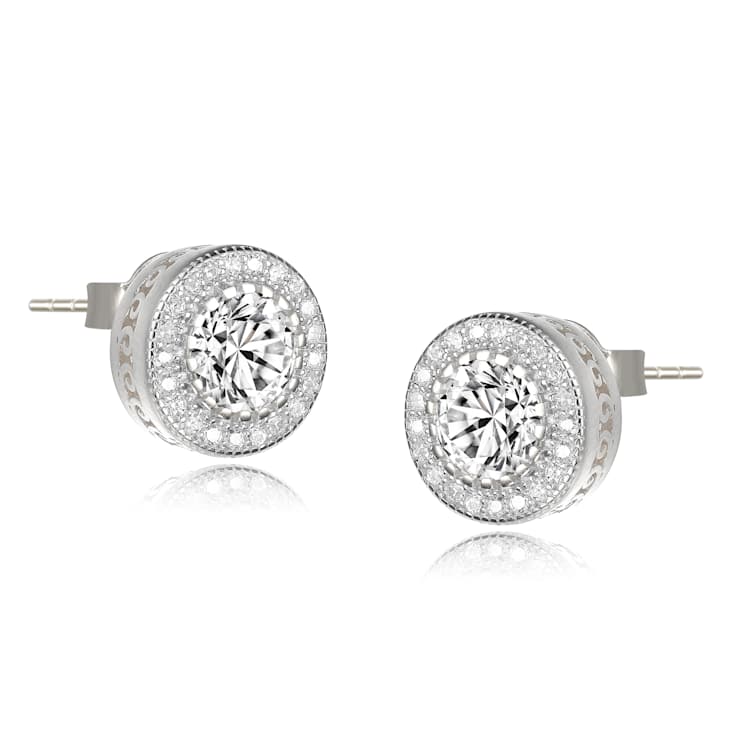 CZ Halo Stud Earrings In Sterling Silver