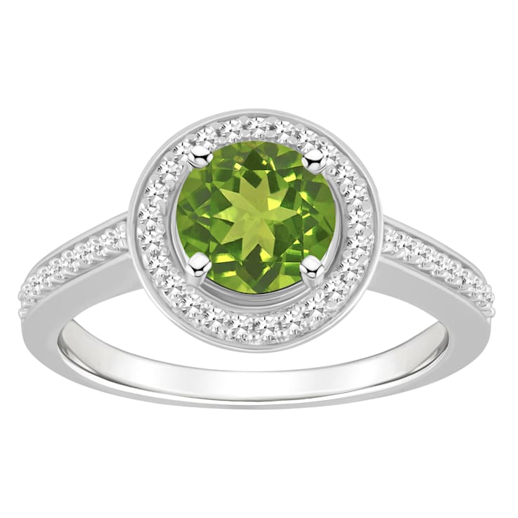 7mm Round Peridot 1/5 ctw Diamond Rhodium Over Sterling Silver Halo Ring