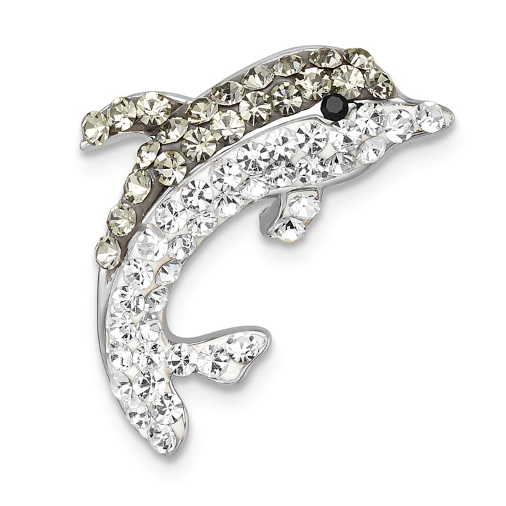 Rhodium Over Sterling Silver Polished Crystal Dolphin Chain Slide Pendant
