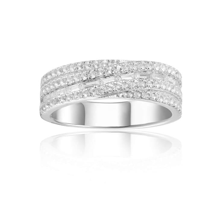 Baguette and Round White Topaz Sterling Silver Crossover Band Ring, 1.25ctw