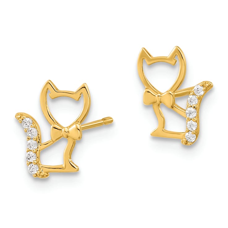 14k Yellow Gold Children's Kitten with Cubic Zirconia Tail Stud Earrings