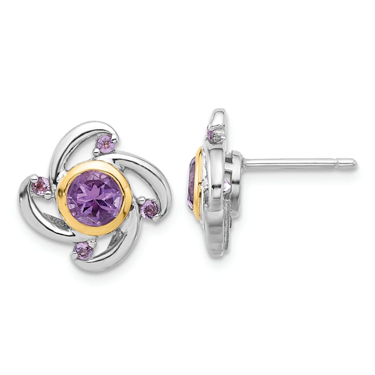 Sterling Silver with 14K Accent Rhodium-plated Amethyst and Pink Quartz Earrings