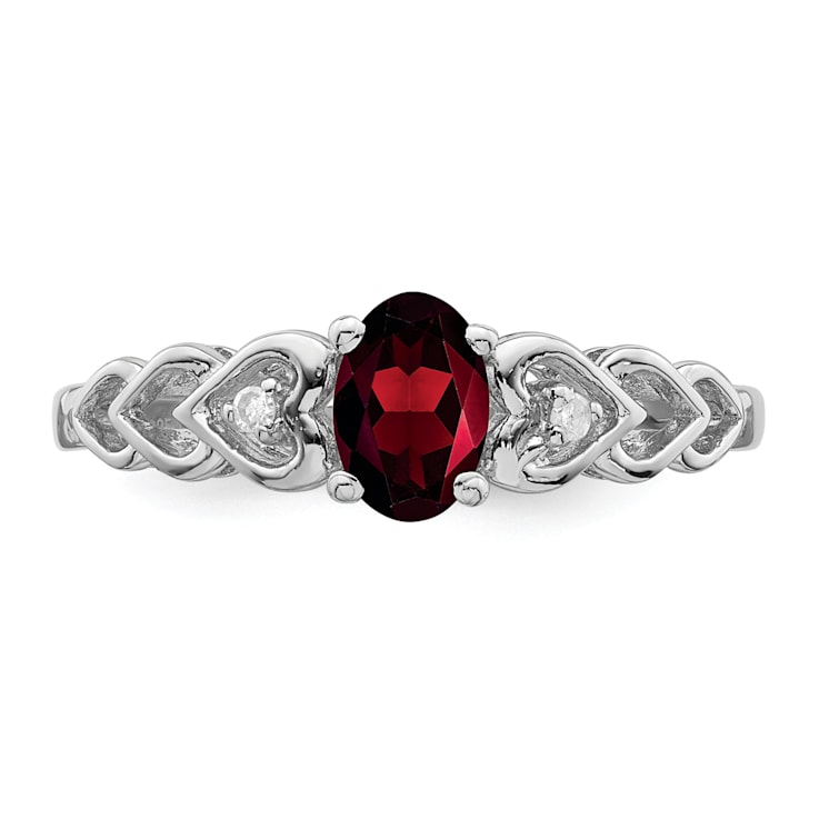 Rhodium Over Sterling Silver Garnet and Diamond Ring