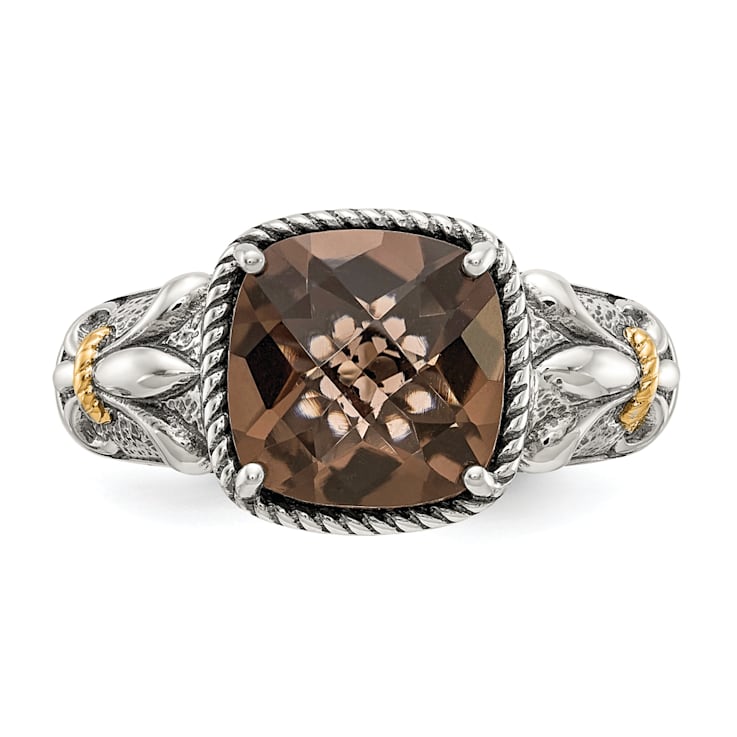Brown Smoky Quartz Sterling Silver with 14K Gold Accent Antiqued Ring