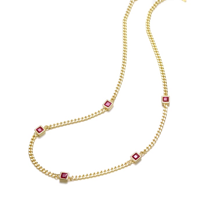 Ruby Color CZ Station Necklace In 14K Gold Over Brass