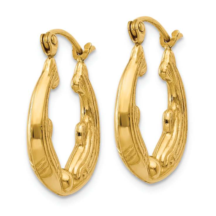 14k Yellow Gold 3/8" Textured Dolphin Hoop Earrings