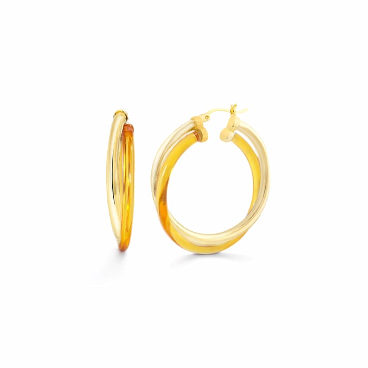 14K Yellow Gold Over Sterling Silver Acrylic Crossover Hoop Earrings in Honey