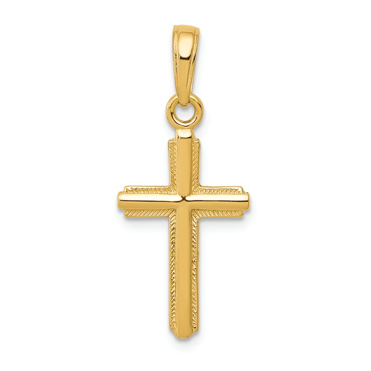 14k Yellow Gold Polished Cross with Stripped Border Pendant