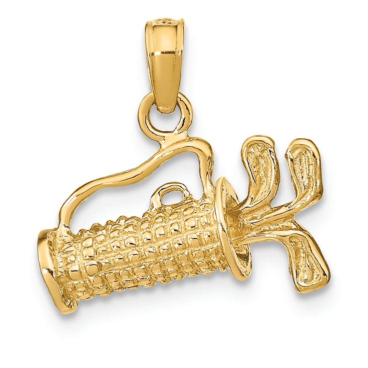 14k Yellow Gold Solid 3D Polished and Textured Golf Bag with Clubs pendant