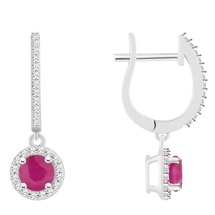5mm Round Ruby 1/4 ctw Diamond Rhodium Over Sterling Silver Halo Dangle Earrings