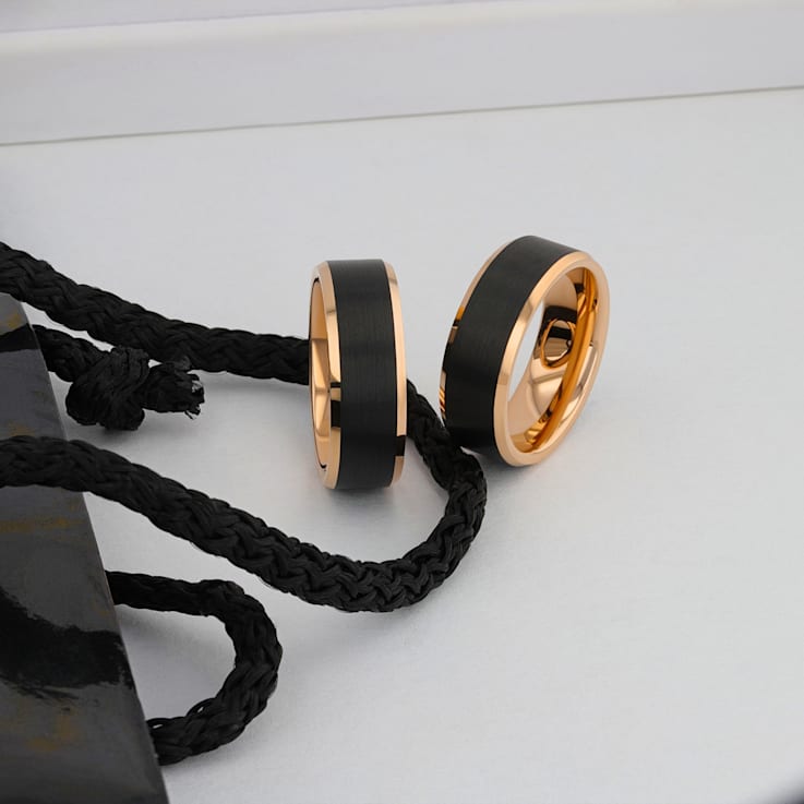 HAYDEN Rose Gold Plated Tungsten Polished Beveled Ring with Brushed
Black Center 8mm