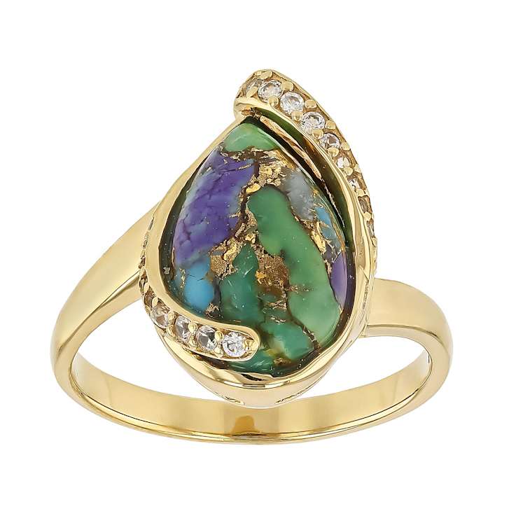 Multi-Color Blended Turquoise Pear And White Zircon Ring In 18K Gold
Over Sterling Silver 0.19ctw