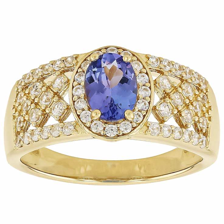Tanzanite Oval And White Zircon Ring In 18K Gold Over Sterling Silver 1.37ctw
