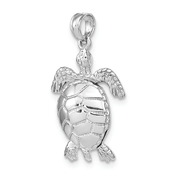 Rhodium Over 14k White Gold 3D Textured Moveable Sea Turtle Pendant