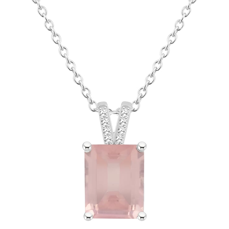10x8mm Emerald Cut Rose Quartz With Diamond Accents Rhodium Over
Sterling Silver Pendant with Chain