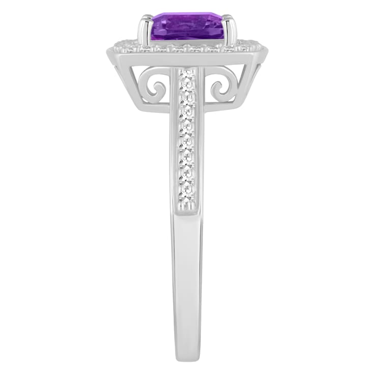 7mm Cushion Amethyst 1/4 ctw Diamond Rhodium Over Sterling Silver Halo Ring