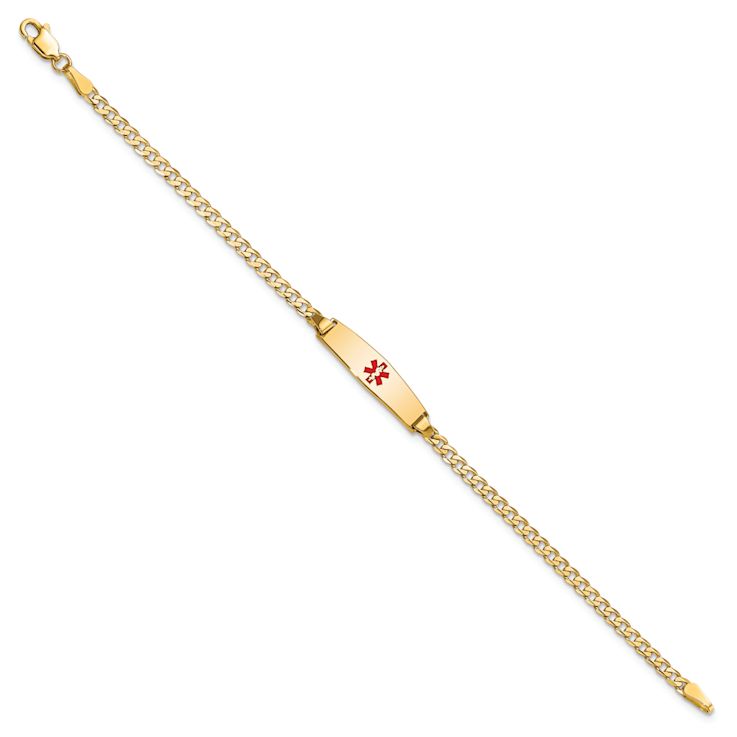 14k Yellow Gold Medical Soft Diamond Shape Red Enamel Curb Link ID Bracelet