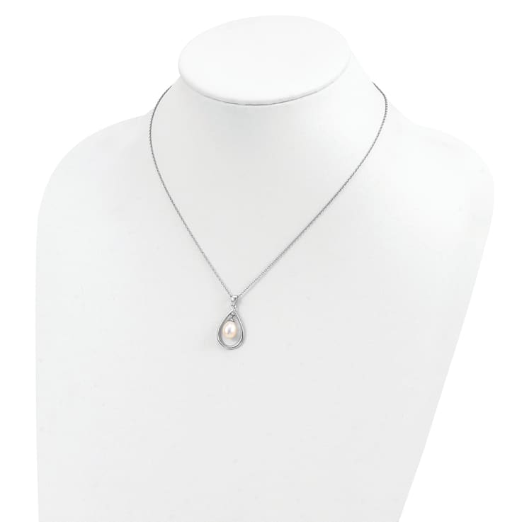 Rhodium Over Sterling Silver 7-8mm White Freshwater Cultured Pearl
Pendant Necklace