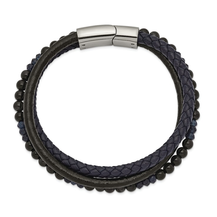 Leather and Stainless Steel Polished with Blue Chalcedony Tiger's Eye Bracelet