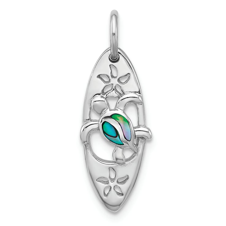 Rhodium Over Sterling Silver Polished Paua Shell Turtle Surfboard Pendant