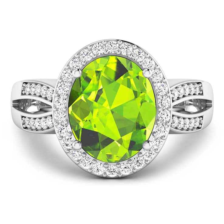 4.24 ctw Oval Green Peridot and Diamond 14K White Gold Split Shank Halo Ring
