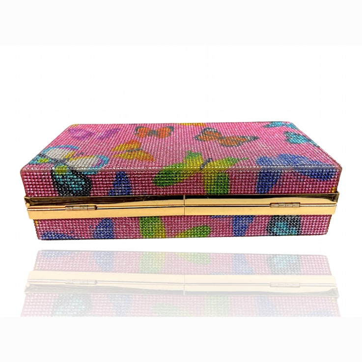 Gold Tone Pink Crystal Multi Butterfly Rhinestones Square Clutch