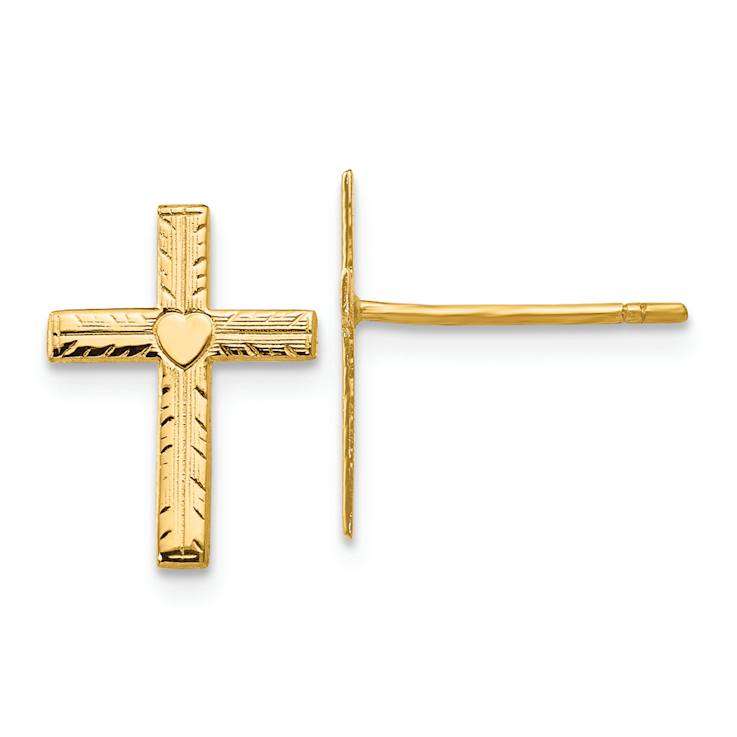 14k Yellow Gold Polished and Satin Heart Cross Earrings