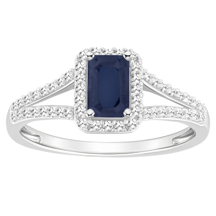 6x4mm Emerald Cut Sapphire 1/4 ctw Diamond Rhodium Over Sterling Silver
Halo Ring
