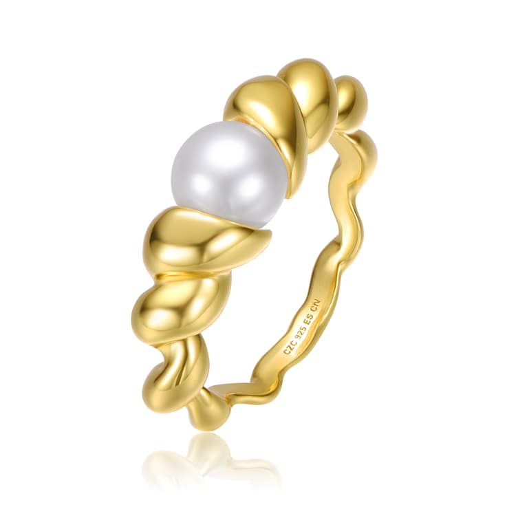 Freshwater Pearl Scalloped Seashell Ring In 14K Gold Over Sterling Silver