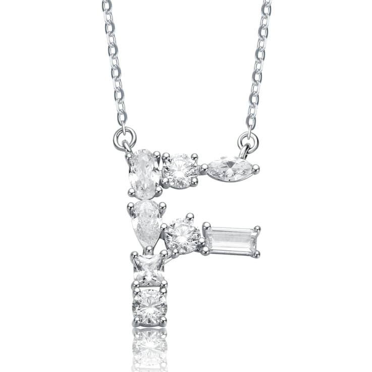 Initial F Mixed Cut CZ Pendant Necklace In Sterling Silver 18 Inch