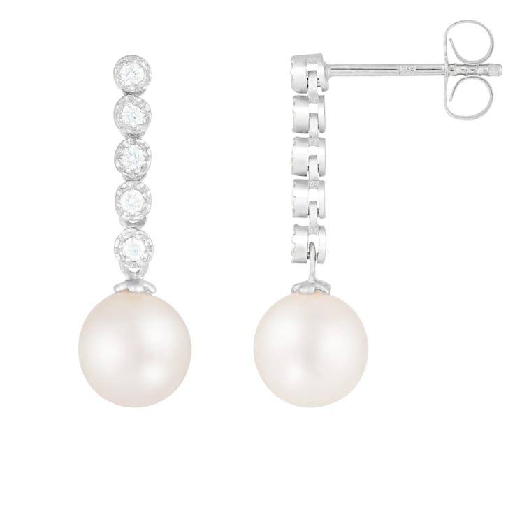 White Cultured Freshwater Pearl 14k White Gold Earrings 7-7.5mm