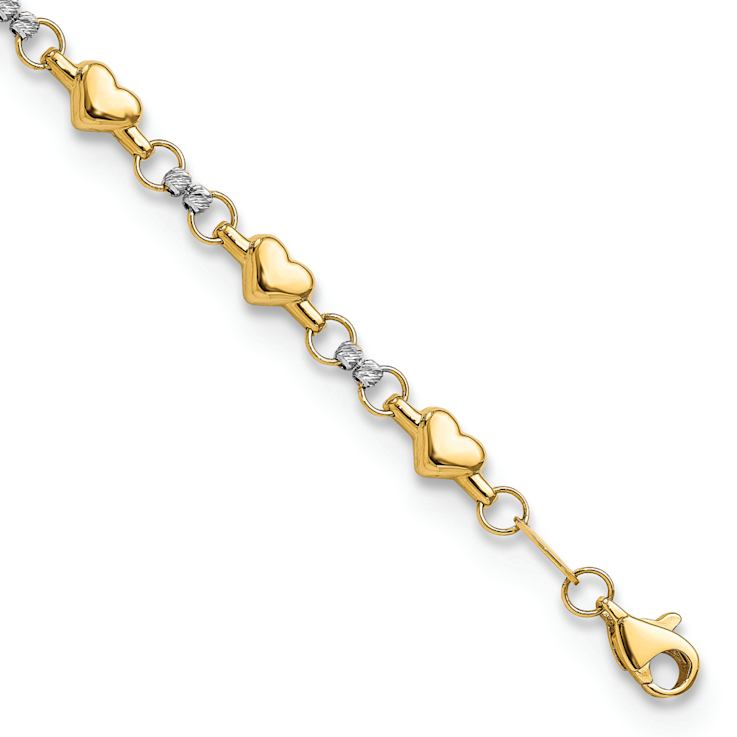 14k Two-tone Gold Polished Diamond-Cut Heart Link Bracelet