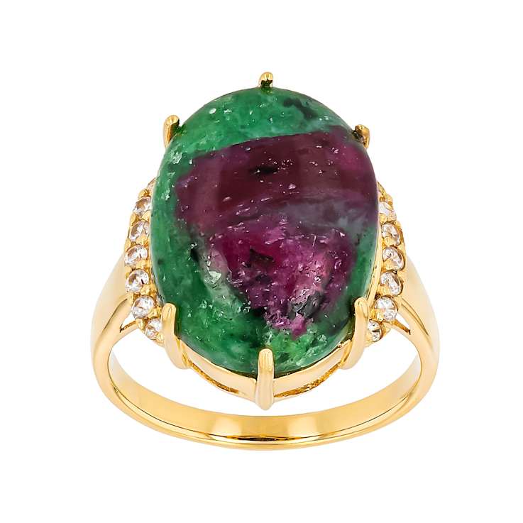 Ruby Zoisite Oval And White Zircon Ring In 18K Gold Over Sterling Silver 0.19ctw