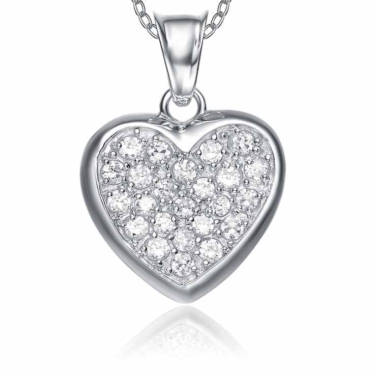 CZ Encrusted Heart Pendant Necklace In Sterling Silver