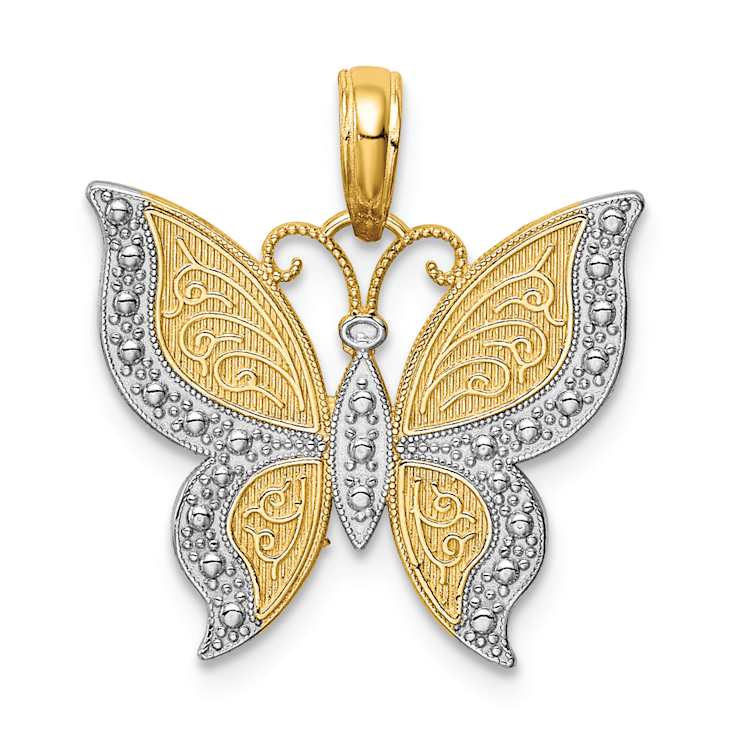 10K Yellow Gold and Rhodium Over 10K Yellow Gold Textured Butterfly Charm