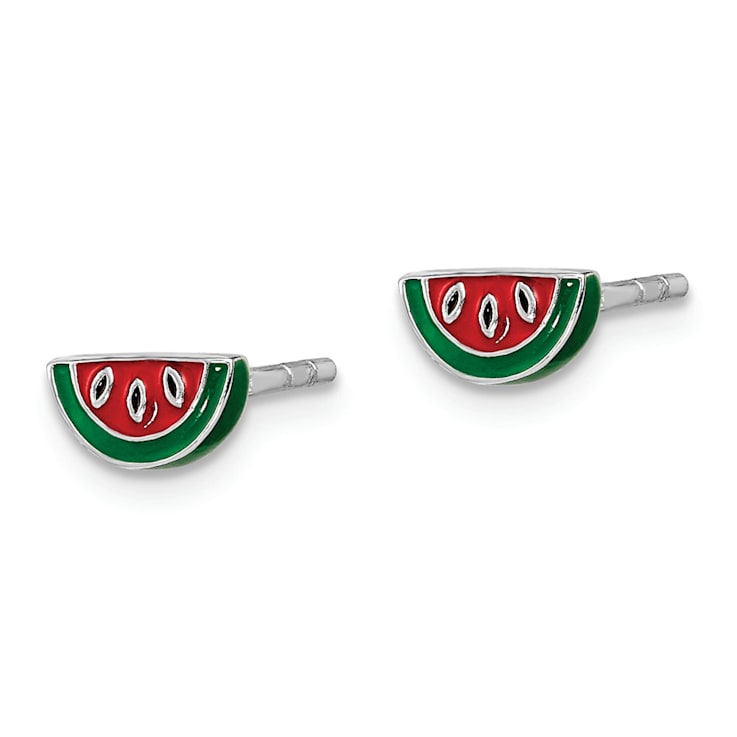 Rhodium Over Sterling Silver  Enamel Watermelon Childs Post Earrings