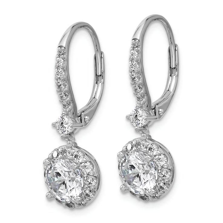 Rhodium Over Sterling Silver Round Cubic Zirconia Halo Dangle Leverback Earrings