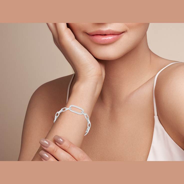 Sterling Statements Rhodium Over Sterling Silver Pave Oval Link Bracelet