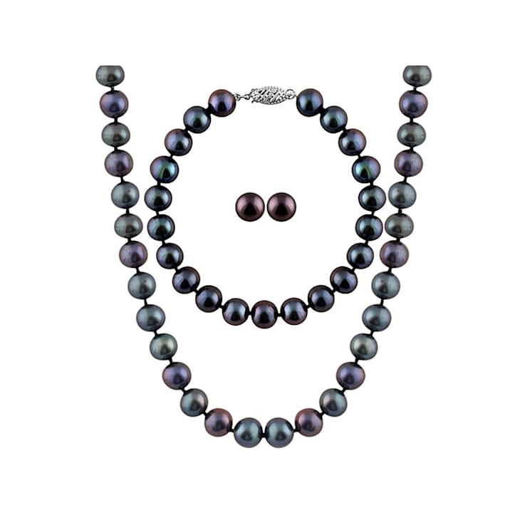 7-7.5mm Black Cultured Freshwater Pearl Sterling Silver Jewelry Set