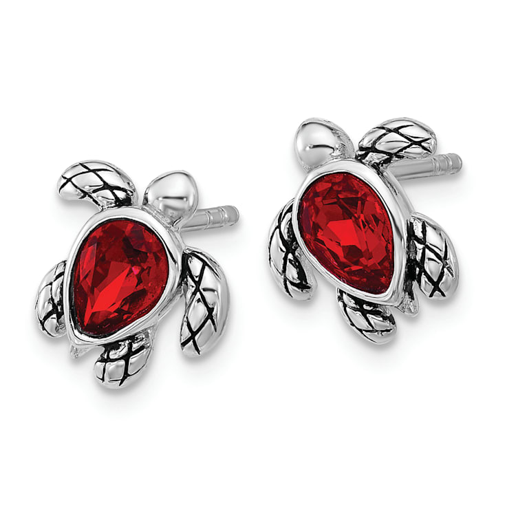 Rhodium Over Sterling Silver Antiqued Crystal July Birthstone Turtle Earrings
